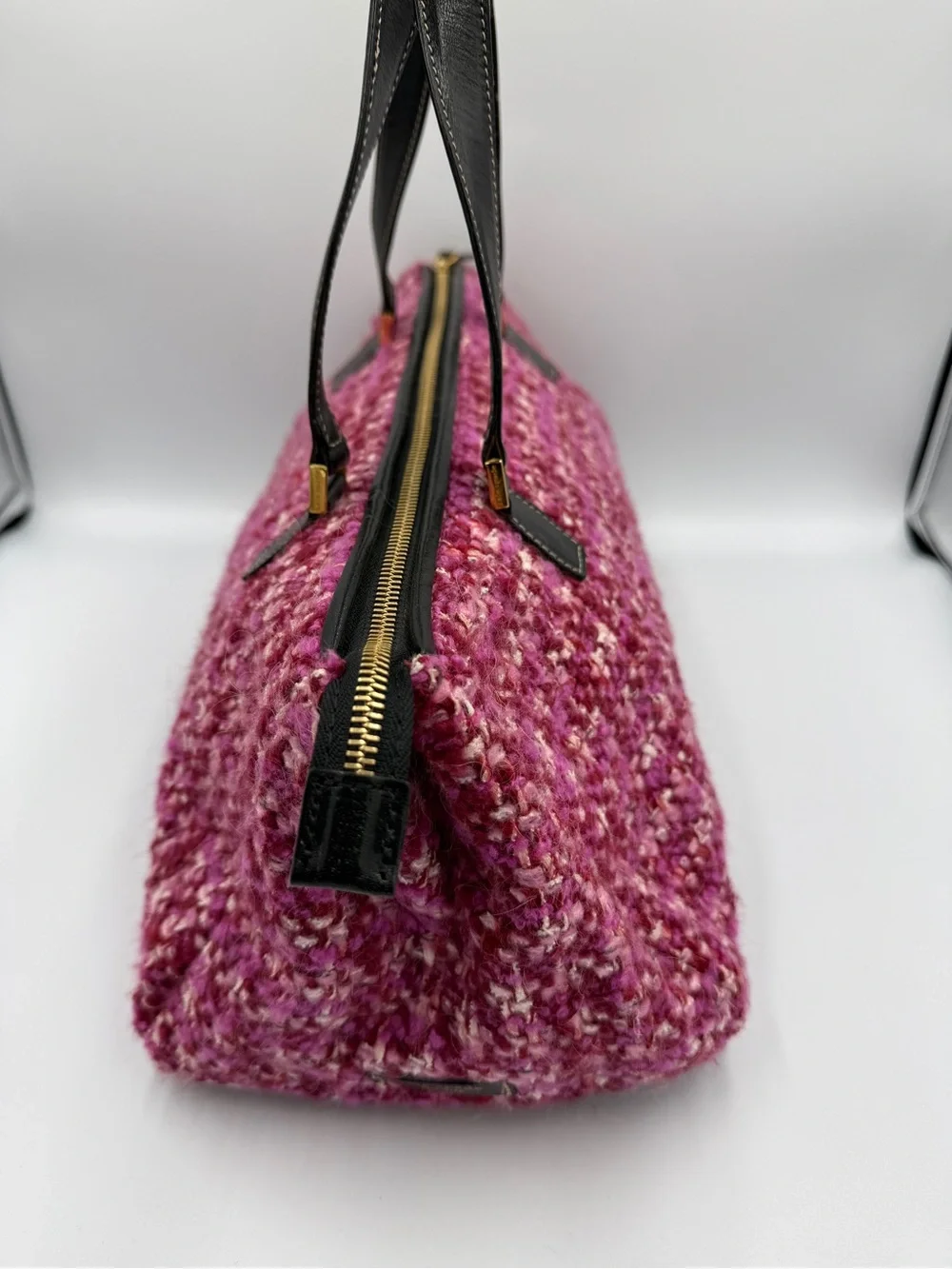 kate spade Pink Multitone Tweed Barrel Shoulder Bag with Black Handles